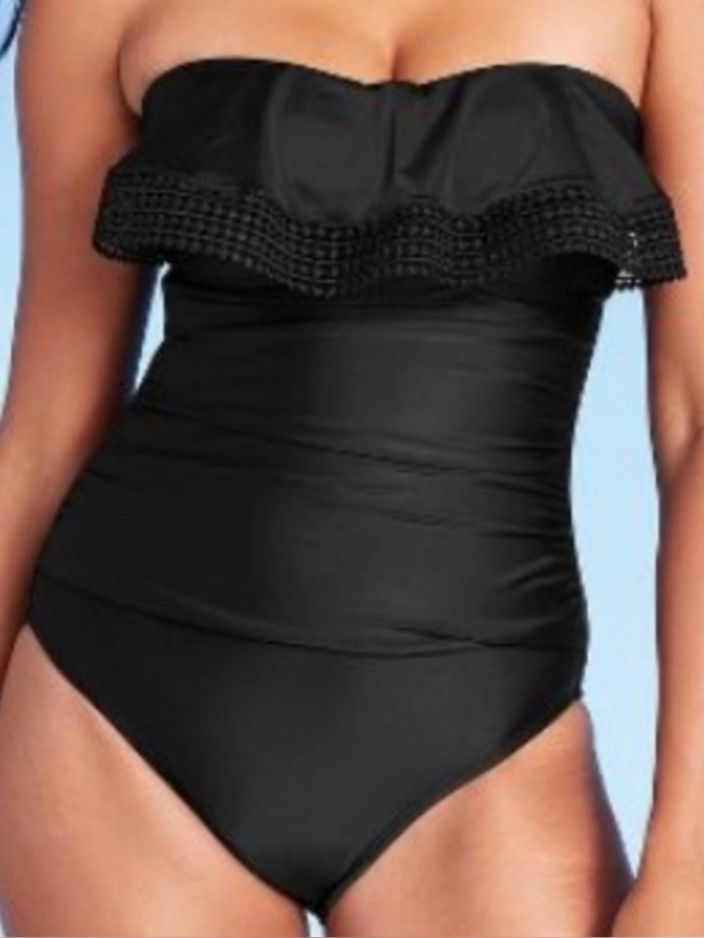 Black Ruffle-Trim Strapless One-Piece Swimsuit, Kona Sol, Size M